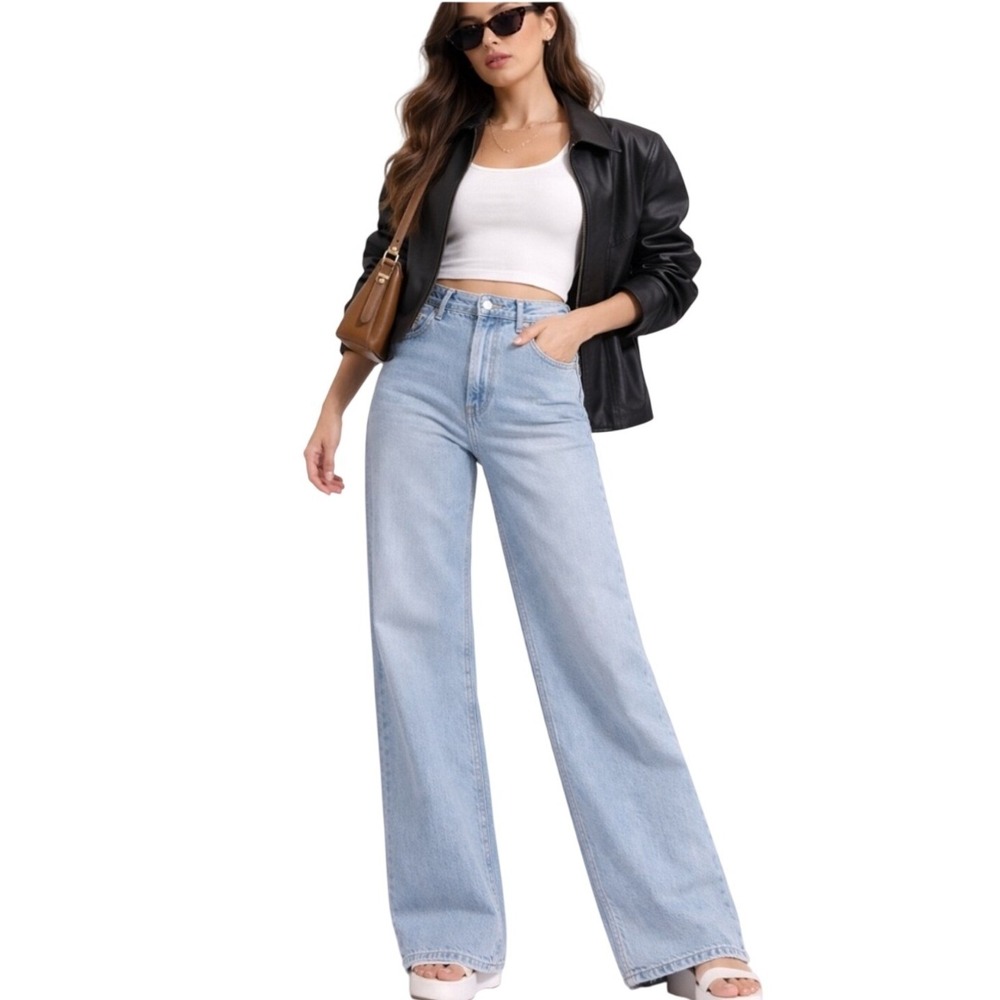 Zara High Rise Wide Leg Light Wash Jeans Sz 6 Denim Full Length Baggy Pants